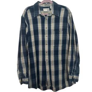 Mens XLT Fieldmaster Plaid Check Blue Workwear Flannel Button Collared Shirt